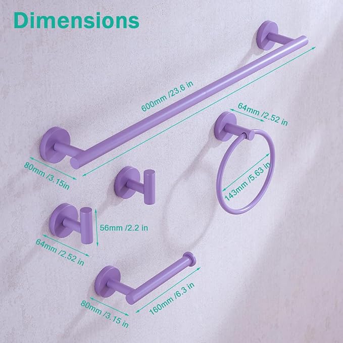 Bathroom Accessories Set,Purple 5 Pieces Bathroom Hardware Set,24 inch Towel Bar,Towel Ring for Bathroom,Robe Towel Hooks,Toilet Paper Holder Wall Mounted(Drilling),SE96006S-5PP