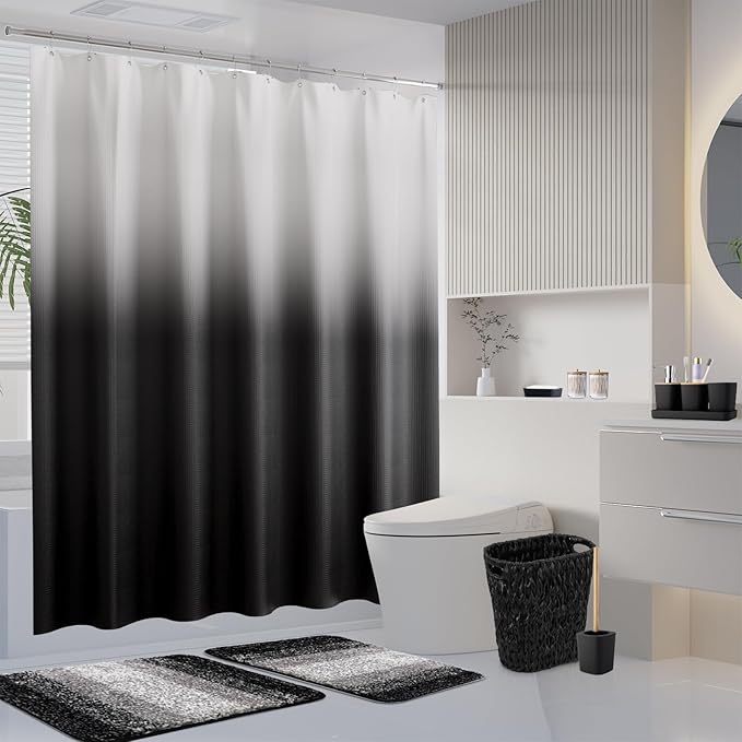 XLHOMO Black Bathroom Accessories Set with Wicker Trash Can Shower Curtain and Rugs,Bathroom Sets Small Waste Basket Bathroom Trash Can for Bedroom Bathroom
