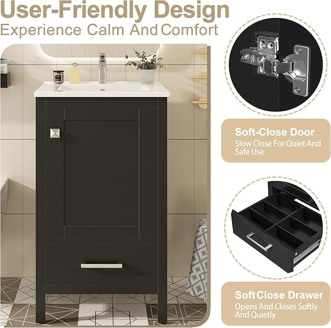 Virubi 20" Small Bathroom Vanity with Sink, Soft-Close Drawer and Door, Wood Modern Single Bathroom Sink Cabinet with Doors and Shelves, Adjustable Foot Pads, for Small Space (Black)
