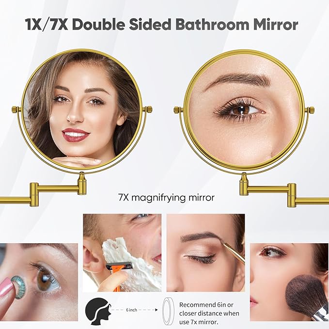 Nicesail Brass Make up Mirror Wall Mounted,1X and 7X Double-Sided Magnifying Mirror Brass Vanity Mirror for Bathroom Wall Extendable Swivel, Antique Brass Finish (8 Inch, 7X)
