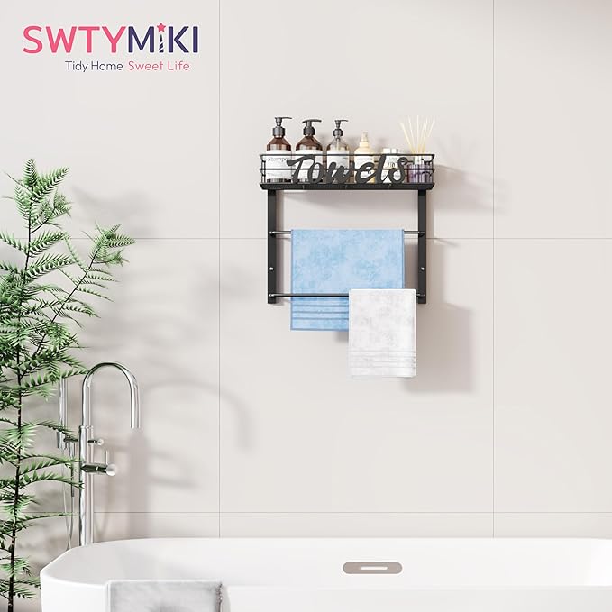 SWTYMIKI SWTYMIKI Over The Door Towel Racks for Bathroom - 5-Tier Wall Mounted Bathroom Towel Storage Organizer Holder with Metal Shelf (3 Tier-Black)