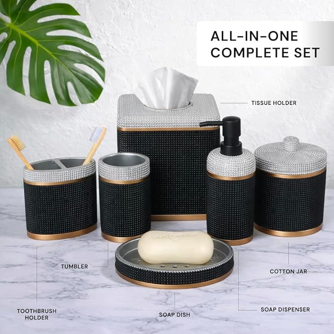 Decozen Bathroom Accessories 6Pcs Set, Soap Dispenser, Toothbrush Holders, Tumbler, Soap Dish & Cotton Swab Jar – Modern Bathroom Decor, Modern Farmhouse Decor, Countertop Accessories, Black