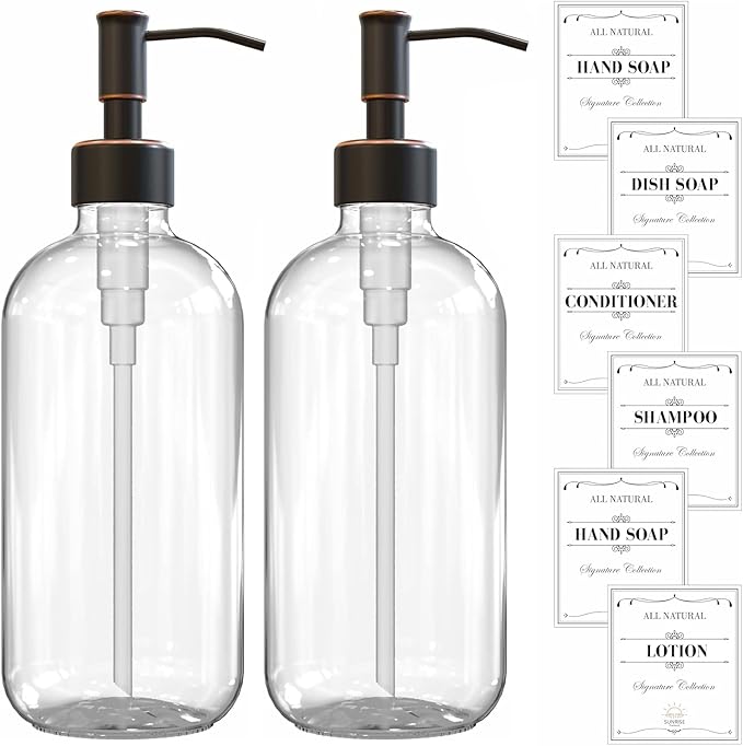 Sunrise Premium 2 Pack Clear Glass Soap Dispenser 16 OZ with Oil Rubbed Bronze Stainless Steel Pump, Hand and Dish Soap Dispenser Set for Bathroom and Kitchen Sink with 6 Waterproof Labels