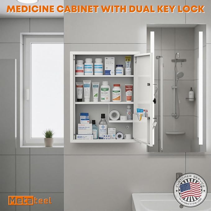 Medicine Cabinet with Dual Key Lock, Wall Mounted First Aid Cabinet, Pill Bottle Organizer Storage for Home Office & School Use 16" W x 6" D x 21" H (White)