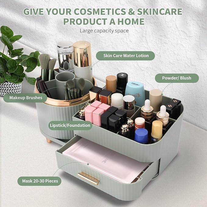 Beborxue 360?? Rotating Makeup Organizer for Vanity with Drawers, Large Capacity Cosmetic Display Case, skincare organizer, Cosmetic Organizer for Lipstick, Skincare, Brushes, Eyeshadow, (Green)