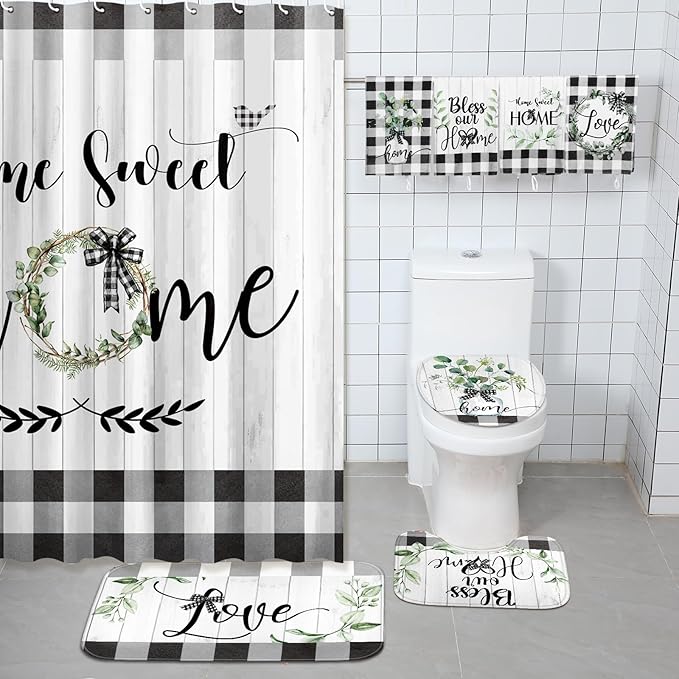FuWeave 8 Pcs Black and White Shower Curtain Sets for Home Bathroom Green Eucalyptus Decor Rustic Plaid Bathroom Accessories Shower Curtain Sets with Towels Carpet Bath Mat Toilet Rugs and 12 Hooks