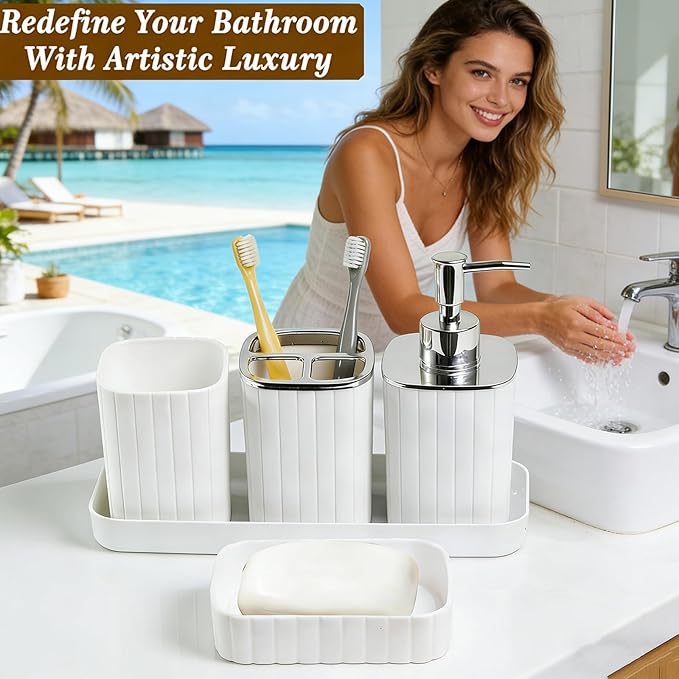 Bathroom Accessories Set 5pcs- Bathroom Set, Plastic Bathroom Accessory Sets with Lotion Soap Dispenser, Soap Dish, Toothbrush Holder, Toothbrush Cup, Vanity Tray, Boho, Modern Bathroom Decor, White