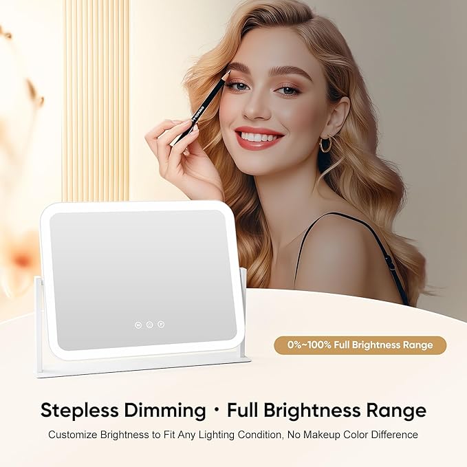 Vanity Mirror with LED Lights, 16.4x12.2 Inch Makeup Mirror, 3-Color Dimmable Touch Screen, 5X Magnification, 360° Rotation, Large Tabletop Mirror for Bedroom Vanity