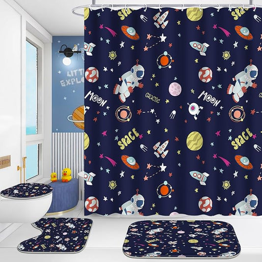 Poedist 4 Pcs Bathroom Shower Curtain Set,Kid's Bathroom Set, Space Shower Curtain Sets with Rugs(Bath Mat,U Shape and Toilet Lid Cover Mat) and 12 Hooks