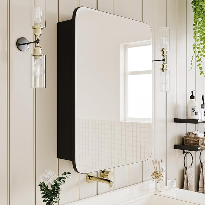 AGDULL Bathroom Wood Black Cabinet with 20''x30'' Curved Mirror, Recessed Medicine Cabinet, Bathroom Storage Cabinet