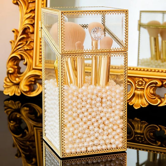 Pumtus Makeup Brush Holder Organizer with Lid, Glass Cosmetic Make Up Brushes Container, Clear Makeup Tool Storage Box Cup with Pearls, Vintage Dustproof Vanity Decor for Countertop Desktop