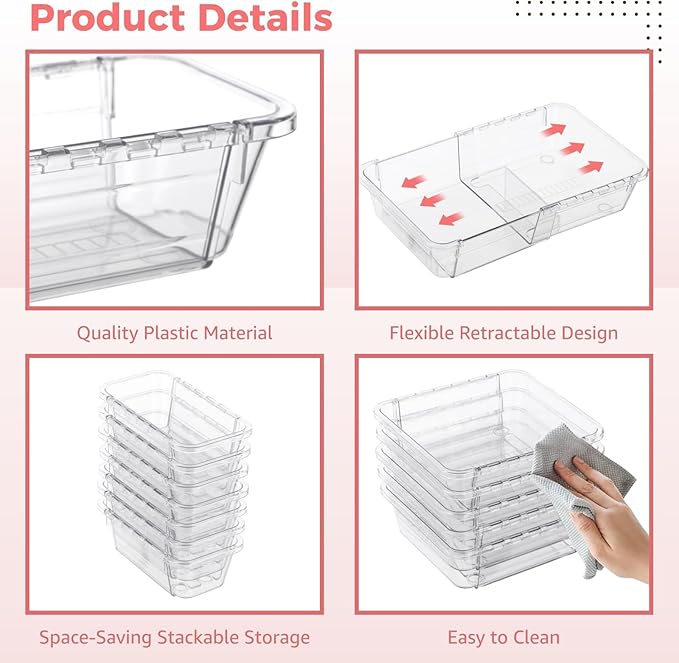 15 Pcs Extendable Clear Bathroom Drawer Organizer Trays 2-Size Adjustable Vanity Storage Box for Makeup Cosmetic Bedroom and Gadgets