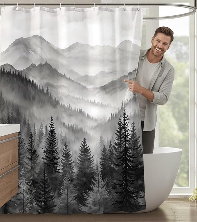 Accnicc Forest Mountain Shower Curtain Black and White Nature Misty Pine Tree Shower Curtains for Bathroom Dark Grey Foggy Rustic Woodland Decorative Waterproof Fabric Bath Curtain Decor 72×78 Inches