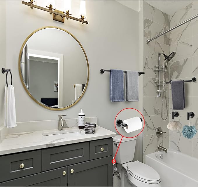 6 Pieces Matte Black Bathroom Hardware Accessories Set Hand Towel Ring 16&23.6 inch Round Towel Bar Silver Toilet Paper Holder Towel Hooks 2 Pieces SUS 304 Stainless Steel,Heavy Duty,Wall Mounted