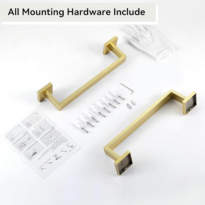 LANC 2-Pack Brushed Gold Bathroom Towel Bars, 12-Inch Bath Towel Racks for Toilet Kitchen Hand Towel Holders Hanger Rods Total-14 Bathroom Accessories Stainless Steel Wall Mounted,A8804-3BG