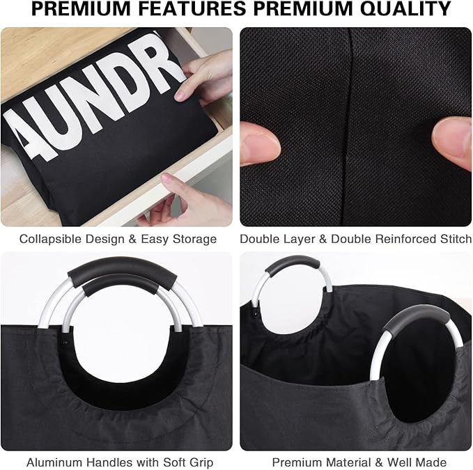 Huge Laundry Basket Collapsible 160L, Oversized Clothes Hamper Bag with Handles – Tall Folding Dirty Laundry Bin, Sturdy Laundry Sorter for Family, Heavy Duty – Jumbo Size - Black