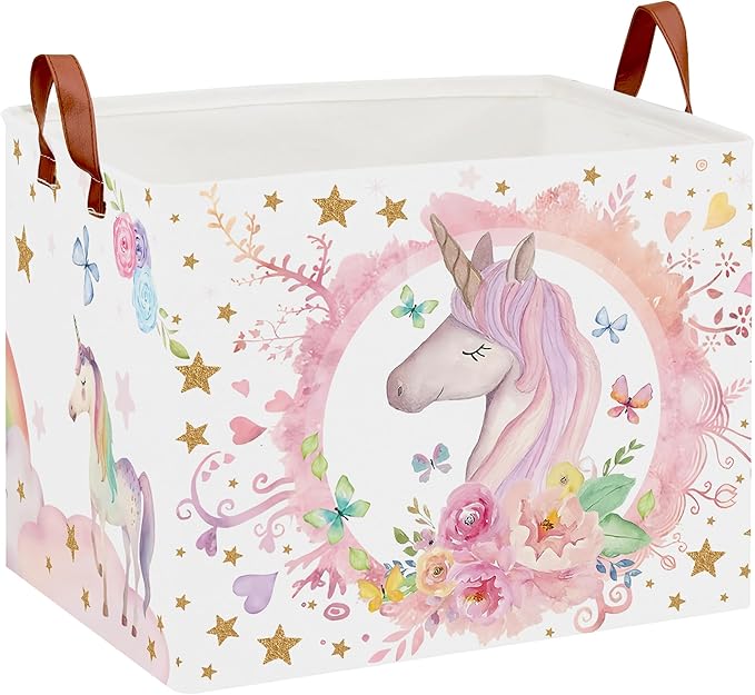 Unicorn Room Decor Kids Basket,Pink Baby Girl Laundry Hamper-Rainbow Toddler Storage Toy Box,Cute Clothes Book Toy Bin for Bedroom Bathroom