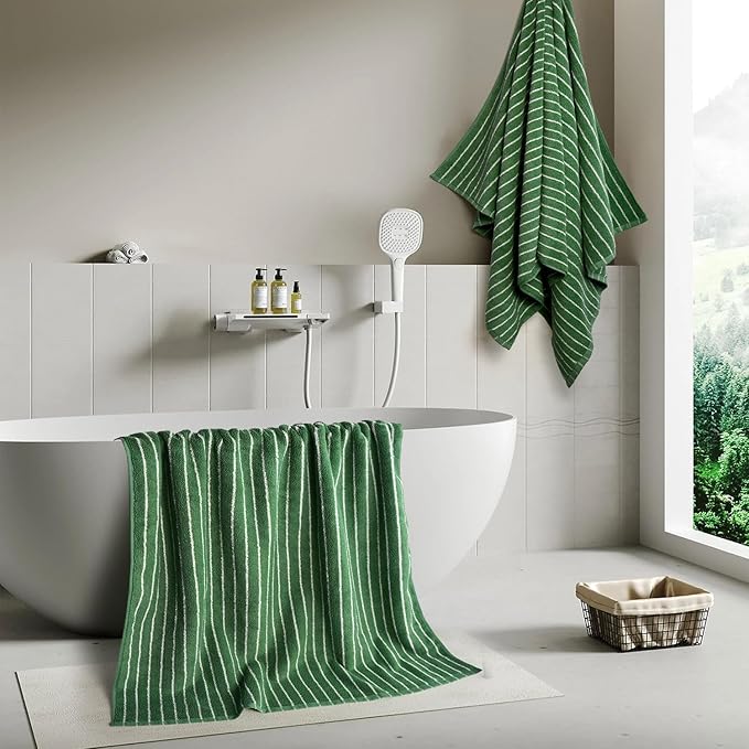 Jacquotha Bath Towels 2 Pack, Lighter & Quick Dry Towels Large 27.5 x 55 inches, Luxury Terry Cotton Towels for Bathroom Beach Swim, Forest Green & White Striped