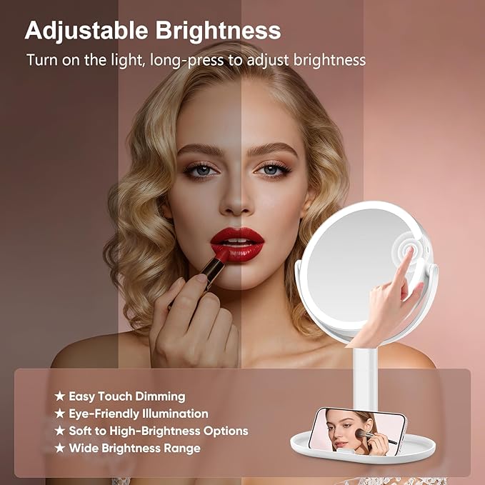 Lighted Makeup Mirror with 10X Magnification, Rechargeable LED Magnifying Vanity Mirror with 3 Lights, Adjustable Height, Storage Base and Phone Holder, White, 7 inch