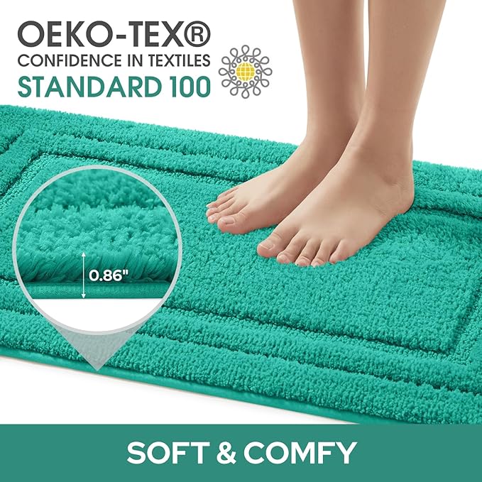 HOMEIDEAS Bathroom Rugs Sets 3 Piece, Super Soft and Absorbent Non Slip Microfiber Toilet Bath Mat with U-Shaped (Teal)