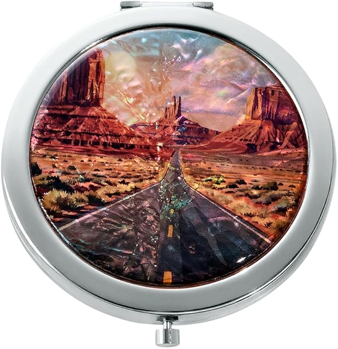 Vintage Style Desert Road Trip Art Mother of Pearl Compact Mirror, Retro West American Scenic View Pocket Mirror, Southwest Landscape Souvenir Travel Gift, Magnifying Makeup Mirror (Silver)