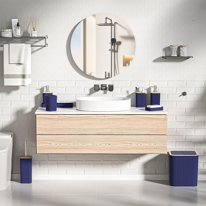 XLHOMO Bathroom Accessories Set - Elegant Blue Bathroom Set, 10PC Bathroom Accessory Set, Toilet Brush, Trash Can, Qtip Holder Dispenser & Soap Dispenser