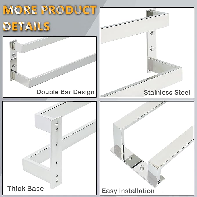Alise Double Towel Bar, 24" Towel Racks for Bathroom Wall Mounted SUS304 Stainless Steel, Heavy Duty Bathroom Towel Holder, Quick Drying Towel Hanger, Polished Chrome