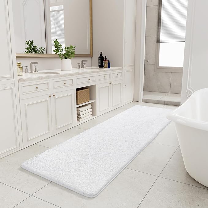 LOCHAS Luxury Bathroom Rug Shaggy Bath Mat 24 x 80 Inch, Washable Non Slip Bath Rugs for Bathroom Shower, Soft Plush Chenille Absorbent Carpets Mats, White