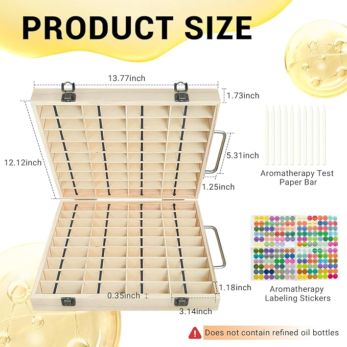 Pure Vie Wooden Essential Oil Storage Box Travel Organizer Case with Bottle Cap Label - Aromatherapy Nail Polish Fragrance Container, Holds 72 Bottle for 5-15ml - Keep Scented Oil Safe & Space Saver