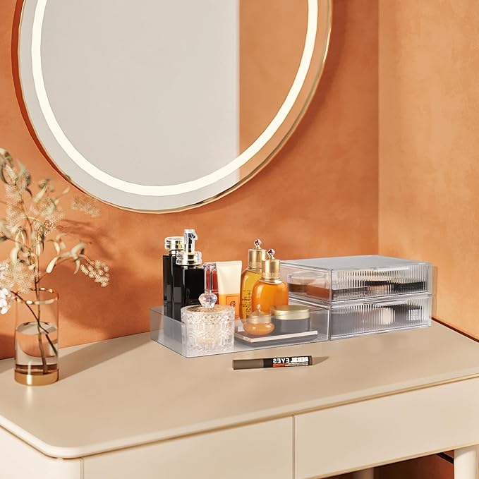 3 Tier Clear Makeup Organizer Countertop with Drawers, Stackable Cosmetics Organizer and Storage for Bathroom Vanity (Stripe Small)