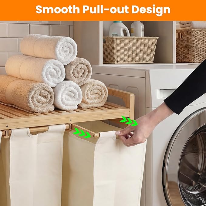 Bamboo Laundry Hamper 3 Section with Lid, 150L Laundry Sorter with Lockable Wheels, Pull-Out Removable Washable Bags, 3 × 12.5 Gal Divided Laundry Baskets for Laundry Room, Bathroom (Beige)