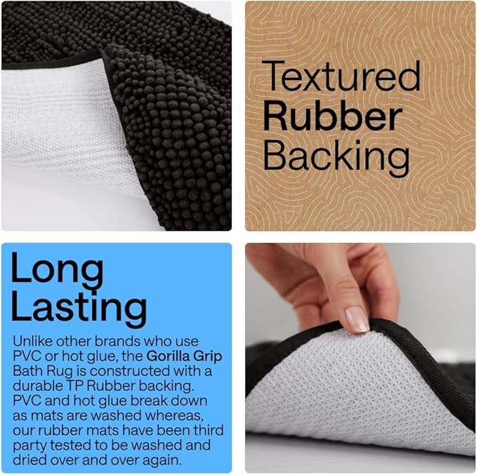 GORILLA GRIP Plush Absorbent Shaggy Chenille Bath Rug Mat for Square Toilet Base with Rubber Backing, Machine Washable Rugs, Soft Microfiber Contour Mats for Toilets, Bathroom Decor, Black
