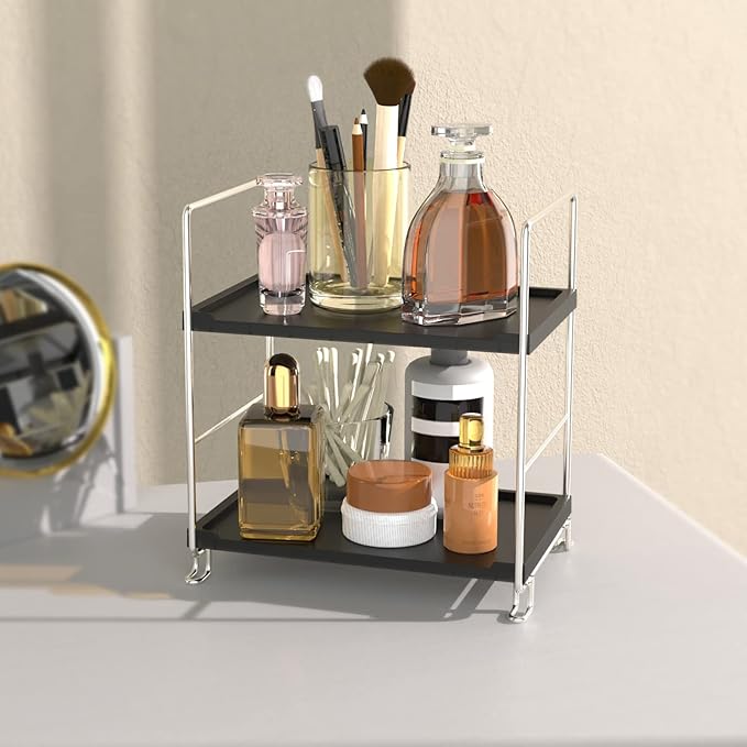 2-Tier Bathroom Organizer Countertop Storage Shelf, Vanity Tray Cosmetic Stackable Storage Rack, Kitchen Spice Rack (Chrome + Black)