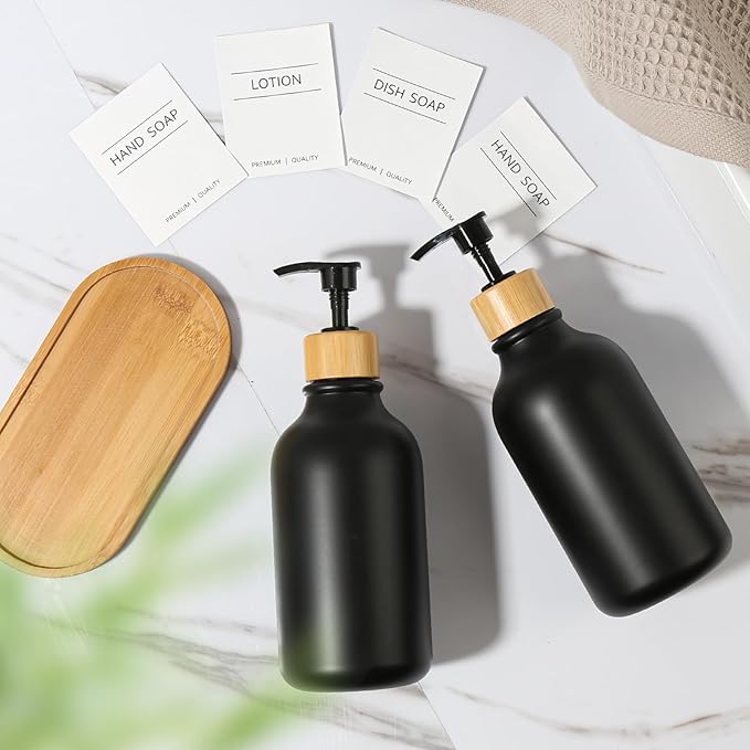KASUNTING Hand and Dish Soap Dispenser Set, Plastic Kitchen Soap Dispenser Set with Bamboo Tray, 17 Fl Oz Black Soap and Lotion Dispensers Sets with 4 Pack Labels for Kitchen & Bathroom Countertop