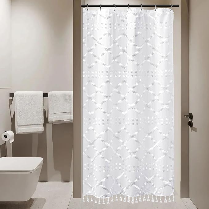 Small Stall Boho Shower Curtain White Tassle Woven Fabric Shower Curtain 36 x 72 Half Size Tufted Chevron Striped Textured Modern Farmhouse Minimalist Cloth for Bathroom