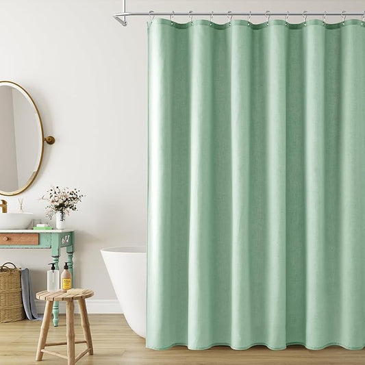 Naturoom Aqua Green Linen Shower Curtain, Country Boho Farmhouse Bath Decor Shower Curtains Neutral Cloth Weighted Textured Fabric Bath Curtain Liner with Hooks, 72x72