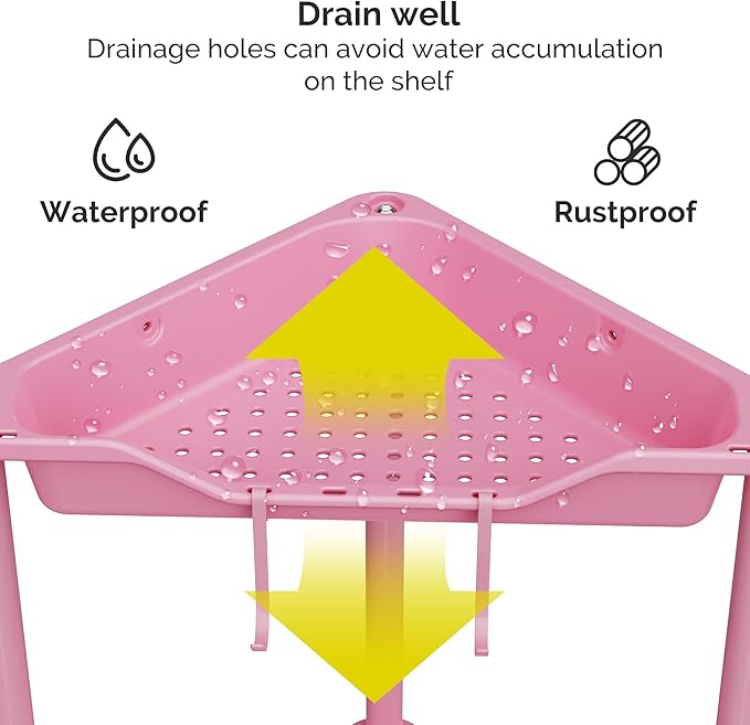 Orimade Rustproof 4 Tier Floor Standing Corner Shower Caddy Organizer, Plastic Metal Splicing Floor Corner Shelf Rack Storage Stands for Bathroom,10.8 x 10.8 x 44.6 inches, Pink