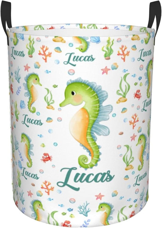 Personalized Seahorse Laundry Hamper, Ocean Themed Laundry Baskets with Custom Name, Collapsible Hamper for Kids Adults Home Decoration,16.5 X 13.8in