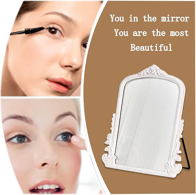 HSDDHOME 11.8" x 9.6" Small White Arched Vanity Mirror, Vintage Makeup Mirror Baroque Style Arendahl Carved Mirror with Frame for Desk Decorative Table Aesthetic for Dresser,Bedroom,Living-Room