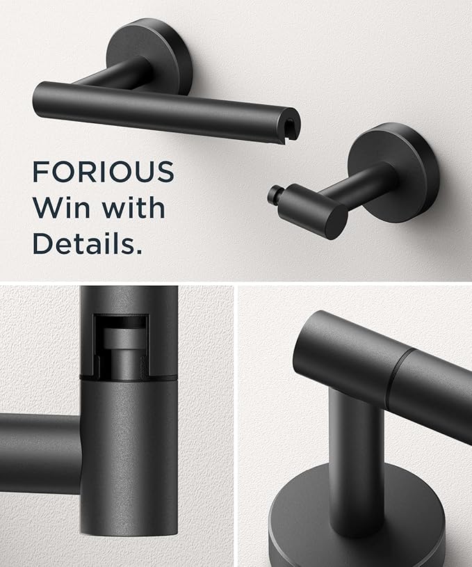 FORIOUS Bathroom Hardware Accessories Set, SUS304 Stainless Steel Towel Bar Set, Modern Towel Racks Holder for Bathroom, Toilet Paper Holder Wall Mounted 4 Pieces(18" Bar, Matte Black)