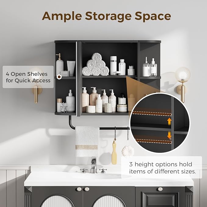 Bathroom Wall Cabinet with Mirror, Mirrored Medicine Cabinet with 3 Colors LED Light and 4 Open Shelves, Wall Mounted Over Toilet Storage Cabinets with Adjustable Shelf, 21.7"L x 6.7"W x 18.1"H, Black