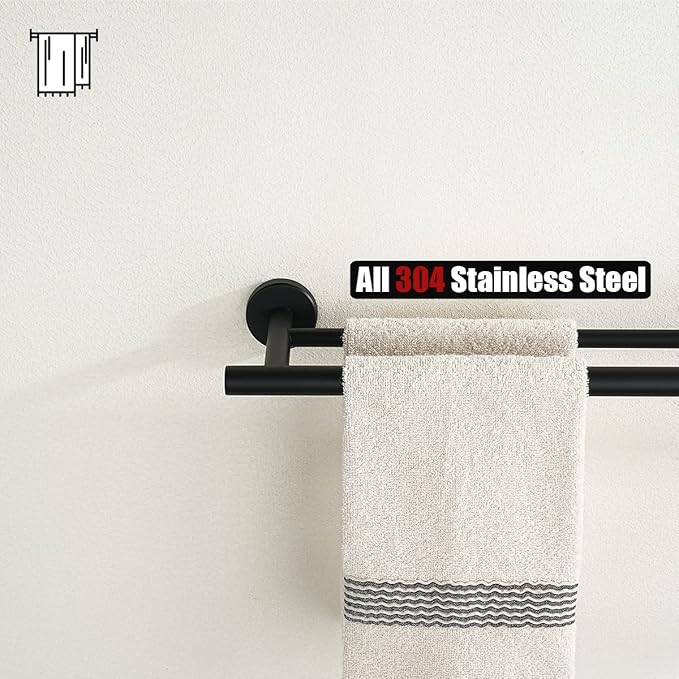 JQK Double Towel Bar Black, 15 Inch 304 Stainless Steel Thicken 0.8mm Towel Rack Holder for Bathroom Washcloths and Hand Towels, Matte Black Wall Mount, Useable Length 12 Inch, TB100L12-PB