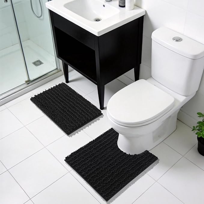 Yimobra Bathroom Rugs Non Slip Washable - Ultra Soft Absorbent Chenille Bath Mat, Quick Dry Shaggy Floor Carpet for Tub Shower, Black Home Decor Accessories, 24x17 Inch