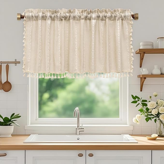 Boho Farmhouse Linen Valance Curtain, 52x18 inch Soft Light Filtering & Privacy Window Valance with Tassels for Living Room Kitchen Bathroom, Rod Pocket, Beige Cream