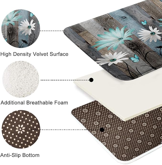 ArtSocket Teal Daisy Flowers Butterfly Bathroom Set with Shower Curtain and Bath Rugs and Accessories,Wooden Boards Non-Slip Shower Curtain Set,Bathroom Decor 3 Pcs