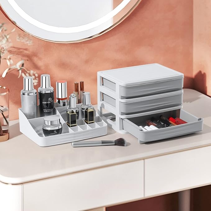 ELUCHANG Cosmetics Makeup Organizer Storage: 9.6" Detach Make Up Organizers and Storage with Drawers Large Skincare Organizers for Vanity Countertop Dresser Bedroom Bathroom Desk