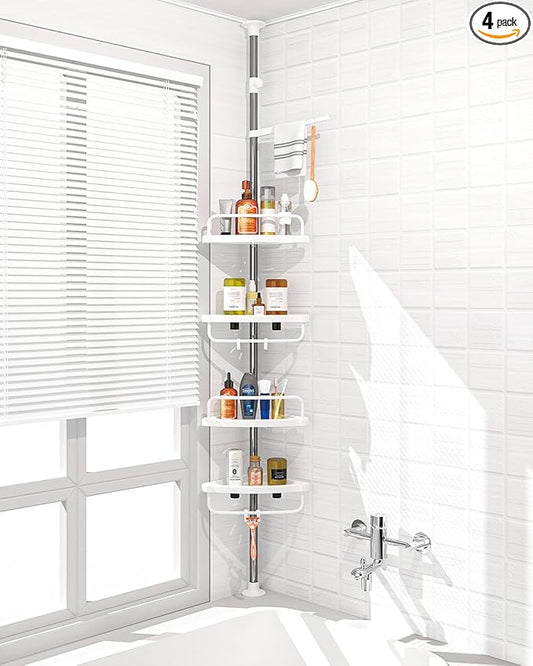 4 Layer Corner Shower Caddy, Stainless Steel Constant Tension Pole Shower Organizer, Adjustable Corner Shower Shelf, Rustproof 3.3 to 9.8 ft