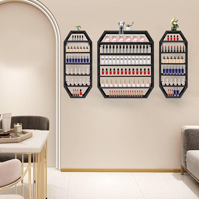 Wall-Mounted Nail Polish Rack, Set of 3 Octagonal Black Nail Polish Shelf Lipstick Perfume Cosmetic Display Shelf for Home Spa Nail Salon Shop