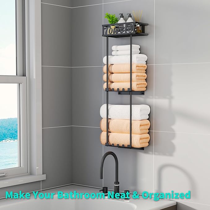 HapiRm Towel Rack Bathroom Storage - 3 Tier Over The Door & Wall Mounted Rolled Towel Racks Holder Organizer with Metal Shelf and 6 Hooks for Small Bathroom, Camper, Rv - Black (for 1.77 in Doors)