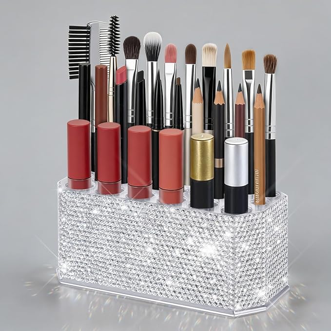 Yivaiks Bling Acrylic Makeup Eyeliner Lip Liner Holder Organizer with Glitter Rhinestone, 26 Spaces